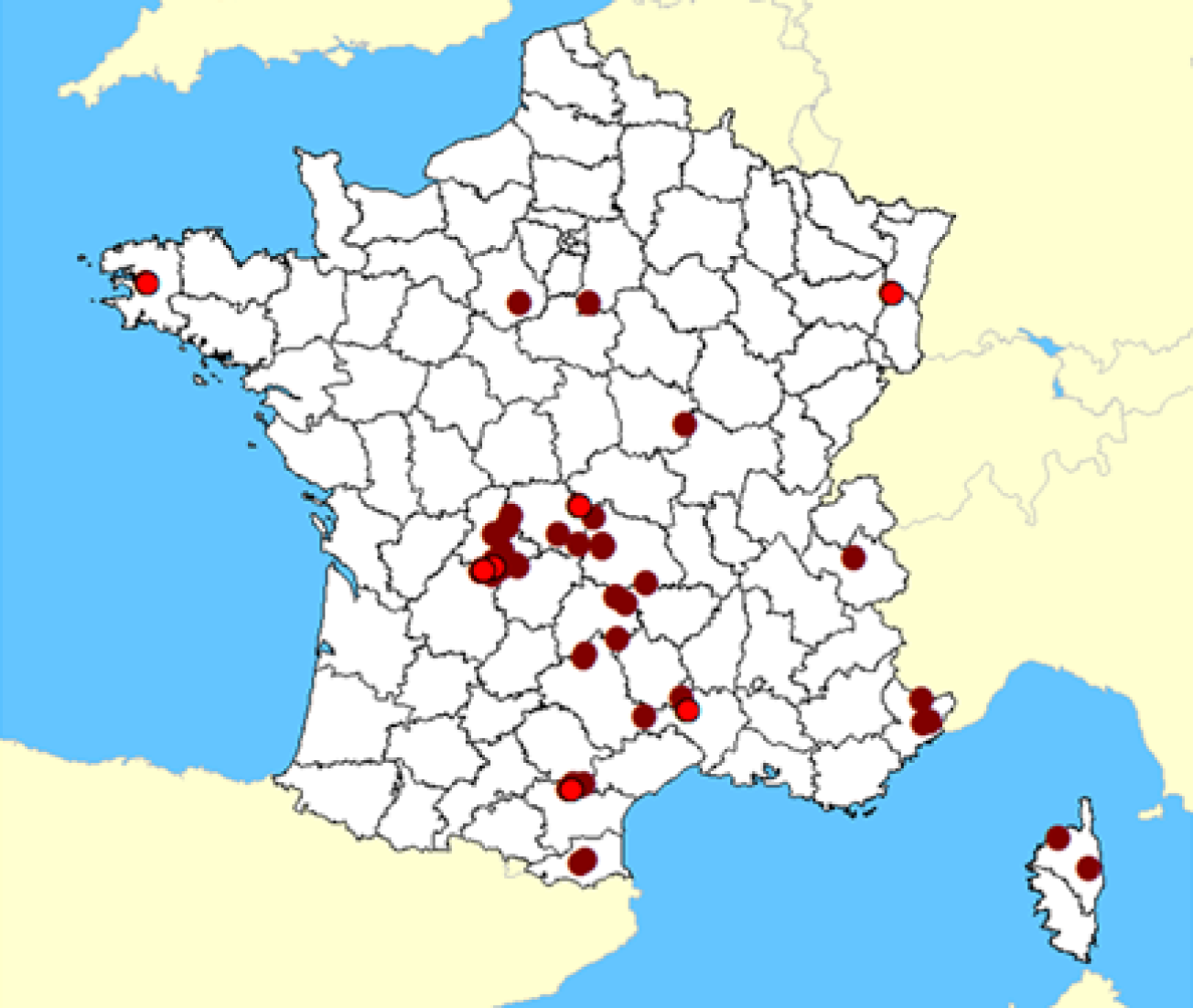 Carte de France métropolitaine et Corse montrant les sites d’extraction rejetant de l’arsenic dans l’environnement
© Nicolas MANLIUS, 2009. Pollution des eaux par l’arsenic et acceptabilité des procédés de biotraitement. Mémoire de stage de master professionnel option Espace et Milieux de l’Université Paris Diderot - Paris 7
Carte AEMA